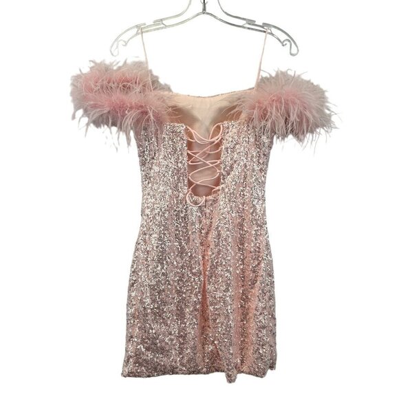 Alyce Paris 4498 Sequined Fitted Mini Dress Off Shoulder Feathers Pink Sz 4 New - Picture 7 of 10